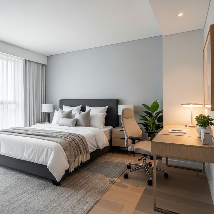 A spacious master bedroom in a Greeley apartment featuring a modern desk setup for a home office