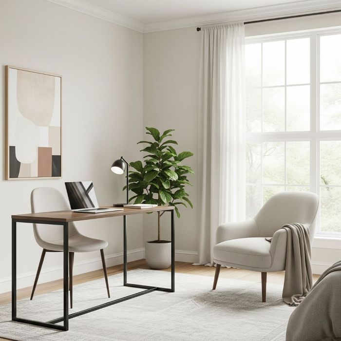 A bright and organized home office setup in a flexible apartment room.