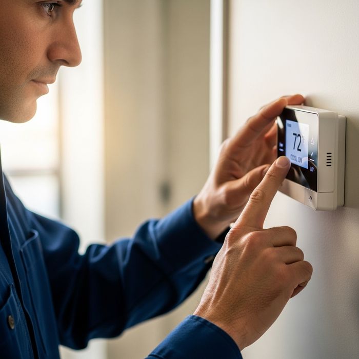 maintenance worker checking a thermostat