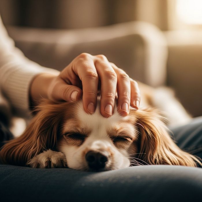 Close-up of a person's hand petting a relaxed dog on their lap