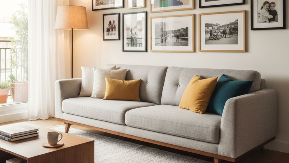 Stylish gallery wall with framed pictures and artwork in a modern apartment