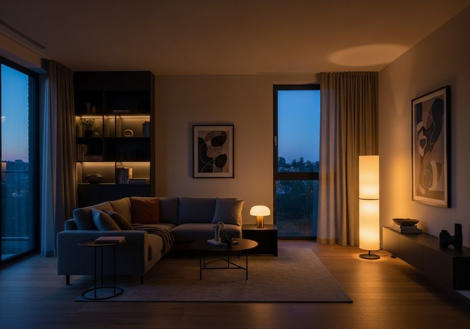 Modern apartment living room at twilight with layered warm lighting from floor and table lamps, creating a cozy ambiance