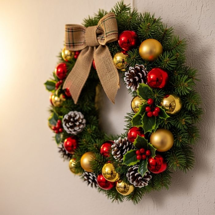 Close-up of a festive wreath on an apartment wall