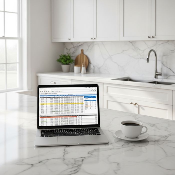 modern kitchen counter with a laptop and coffee, symbolizing financial planning for a new apartment