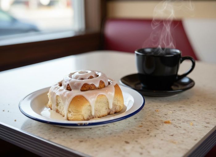 cinnamon roll sitting next to a cup of coffee 