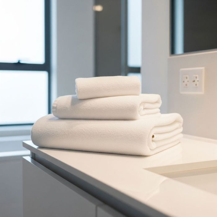 Stack of clean white towels in a modern apartment bathroom, ready for guests.