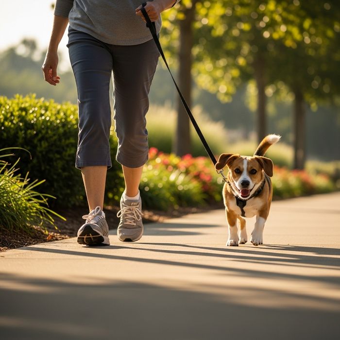 A dog and a person walking briskly on a paved trail