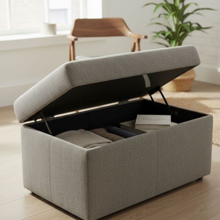 Modern storage ottoman with lid open to reveal hidden storage Modern storage ottoman with lid open to reveal hidden storage