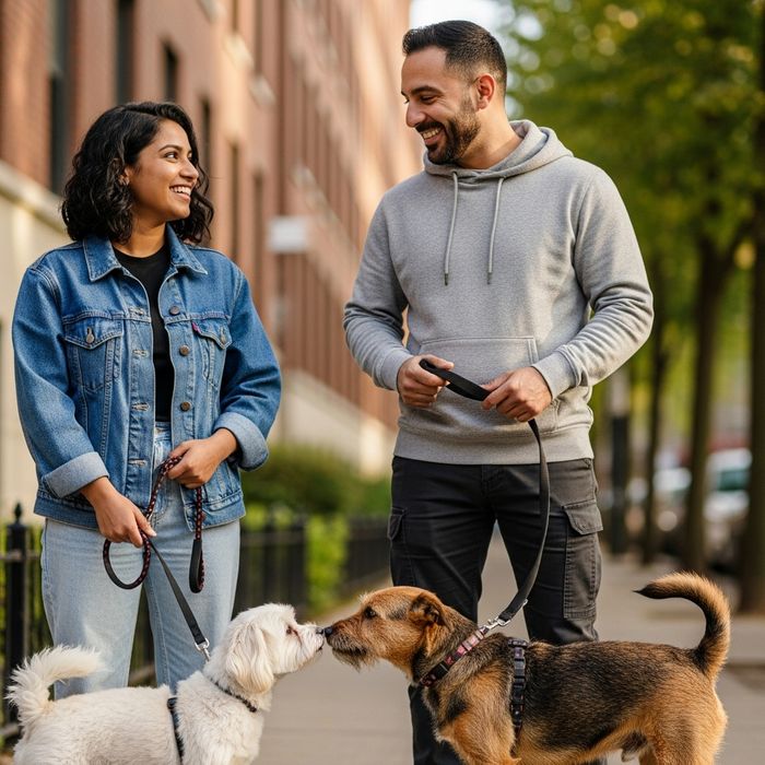 Two neighbors with their dogs on leashes meeting and smiling