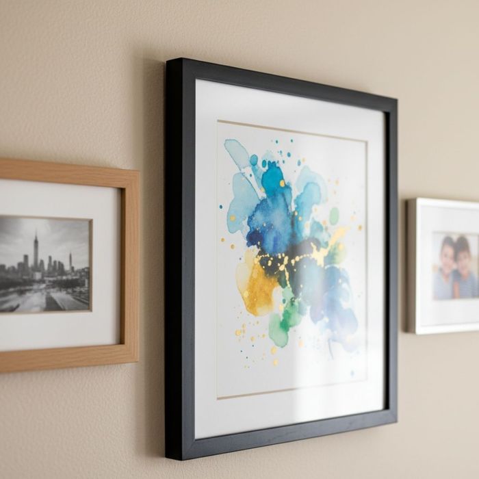 Three framed pieces of art aligned on a clean apartment wall Three framed pieces of art aligned on a clean apartment wall