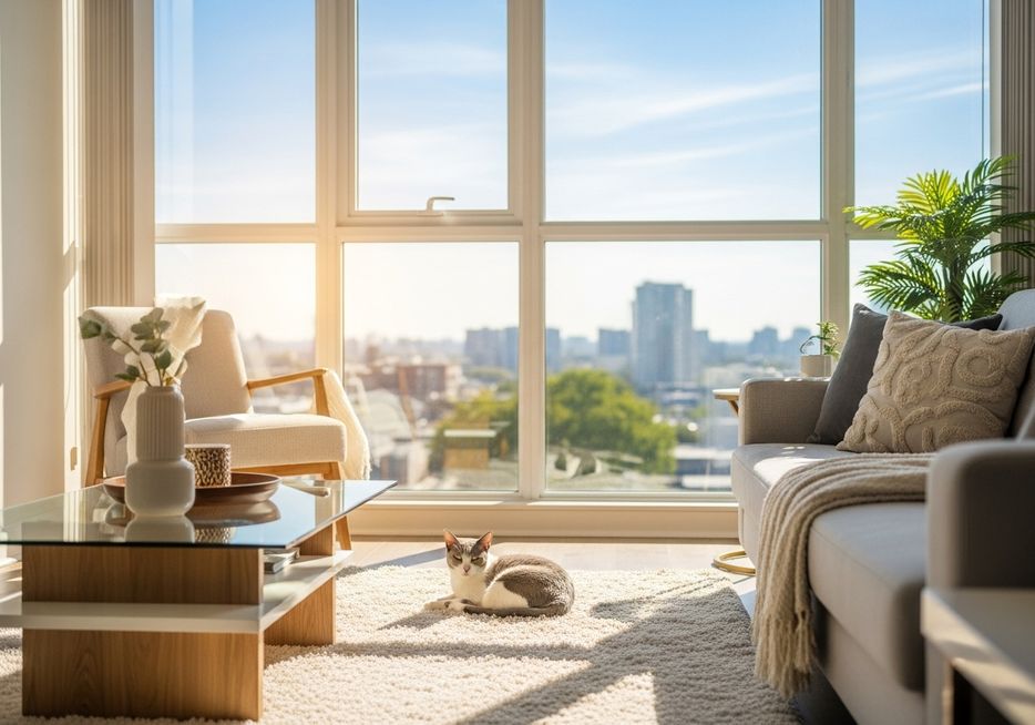 a cat curled up on a soft rug in a sunny, modern apartment living room