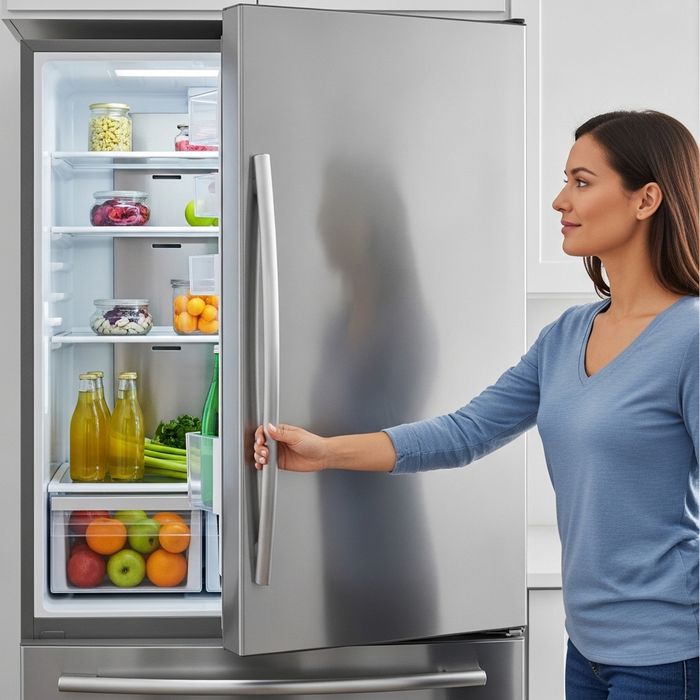 person opening their stainless steel refrigerator door