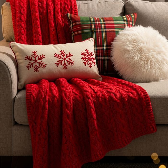 Close-up of a cozy sofa with a red holiday throw blanket and decorative pillows.