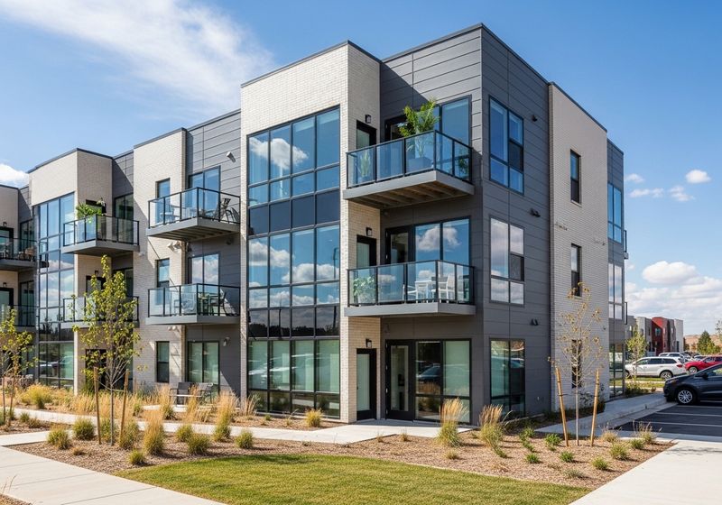 Modern apartment building exterior in Greeley, Colorado under a bright blue sky