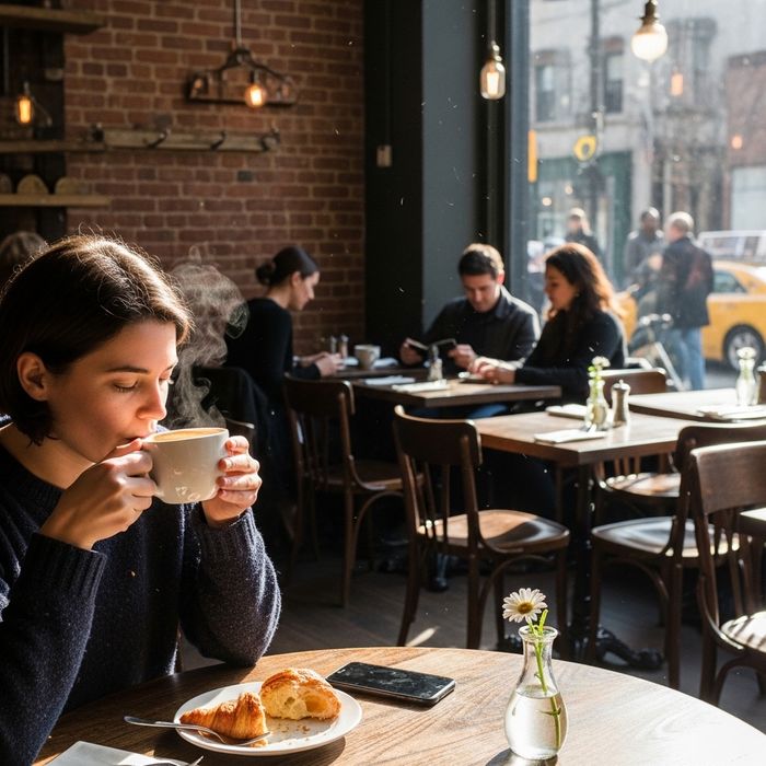 person at a restaurant drinking coffee