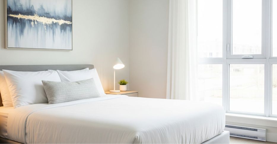  A serene and inviting modern guest bedroom in an apartment, featuring a made bed, bedside table, and soft lighting. A serene and inviting modern guest bedroom in an apartment, featuring a made bed, bedside table, and soft lighting.