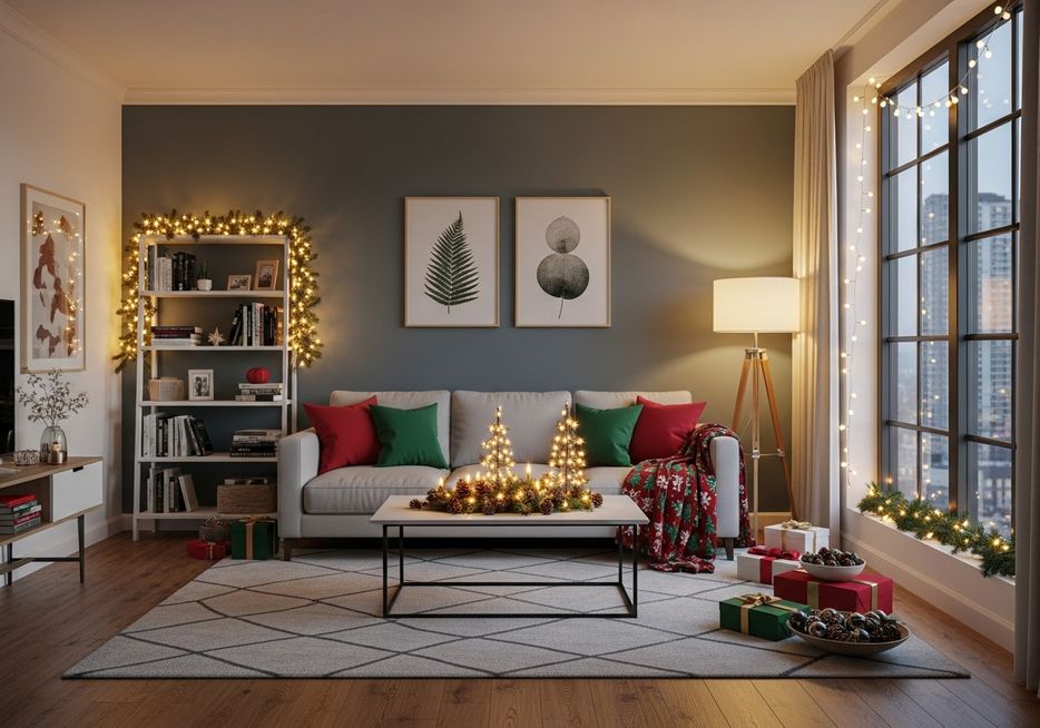 Modern apartment living room with cozy, temporary holiday decorations and warm lighting