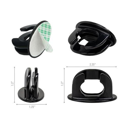 Composite product image of The Original Squatchee™ Black adhesive hat hooks showing multiple product angles, dimensions, and premium foam tape adhesive with the removable backing partially peeled. Black Adhesive Hat Hooks