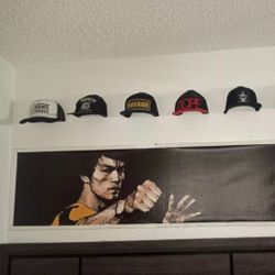 A real fan baseball cap collection displayed front-facing on a wall using The Original Squatchee™ adhesive hat hooks. Fan Hat Wall Display