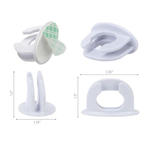 Composite product image of The Original Squatchee™ White adhesive hat hooks showing multiple product angles, dimensions, and premium foam tape adhesive with the removable backing partially peeled. White Adhesive Hat Hooks