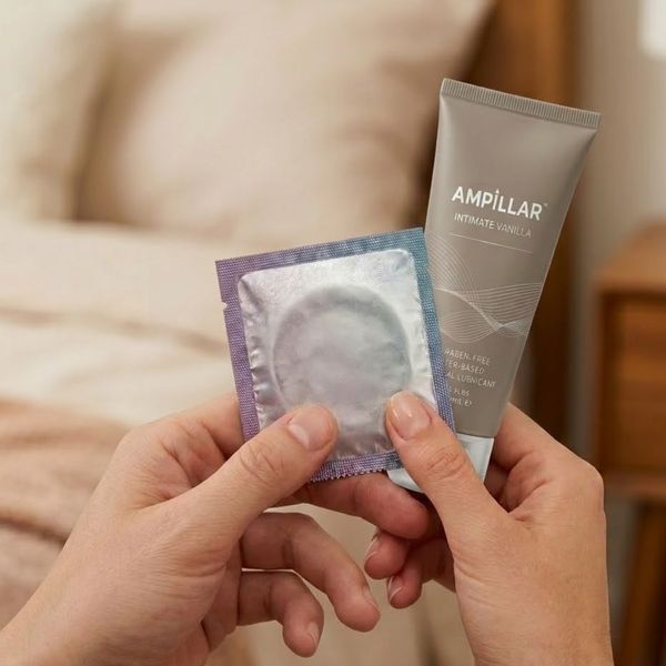 Close-up of a hand holding a condom and a bottle of lubricant to demonstrate safe sex practices.
