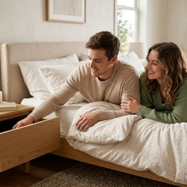 A couple laying on a bed, while the man reaches into a nightstand drawer
