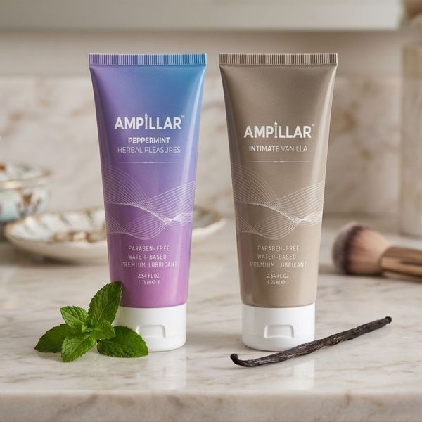 Two bottles of flavored Ampillar lubricants on a vanity with mint and vanilla accents.