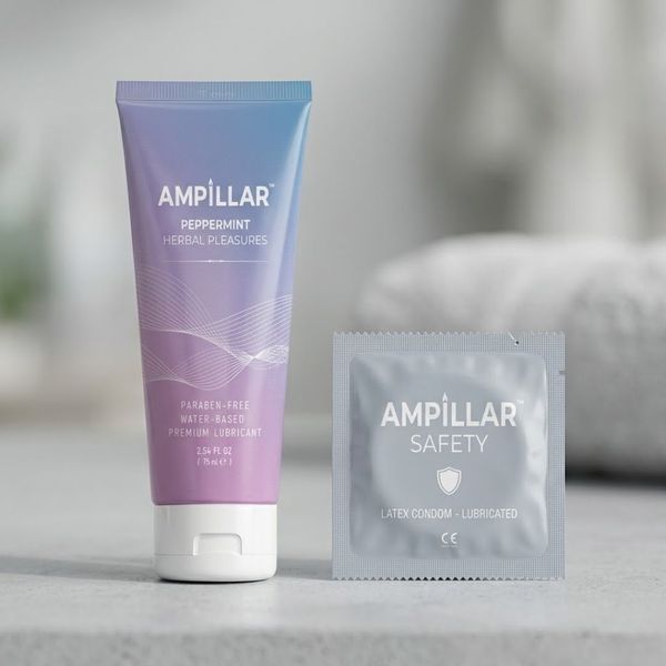 An Ampillar lubricant bottle next to a condom, highlighting safety and compatibility.