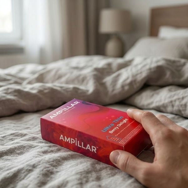 A close-up photograph of a person’s hand reaching for a red and pink patterned "AMPILLAR Ultra Thin Berry Delight" product box resting on a grey textured bedspread in a softly-lit bedroom.