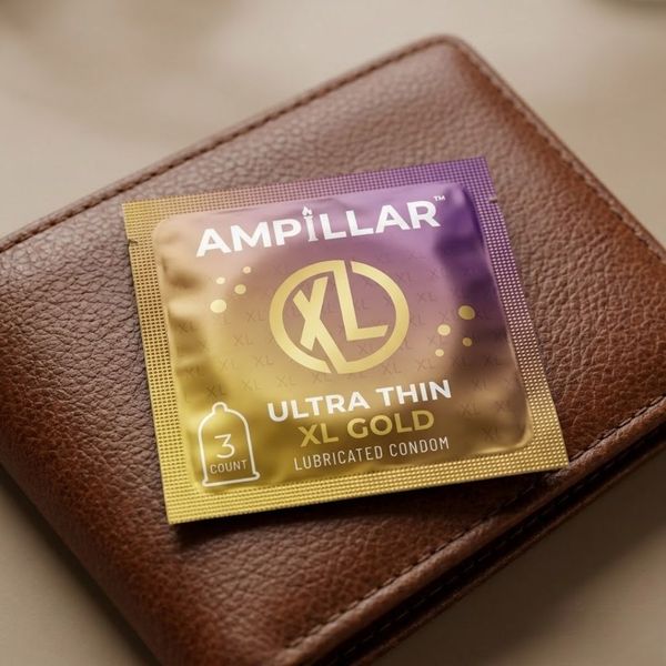 Close-up of a single Ampillar Ultra Thin condom wrapper on top of a wallet.