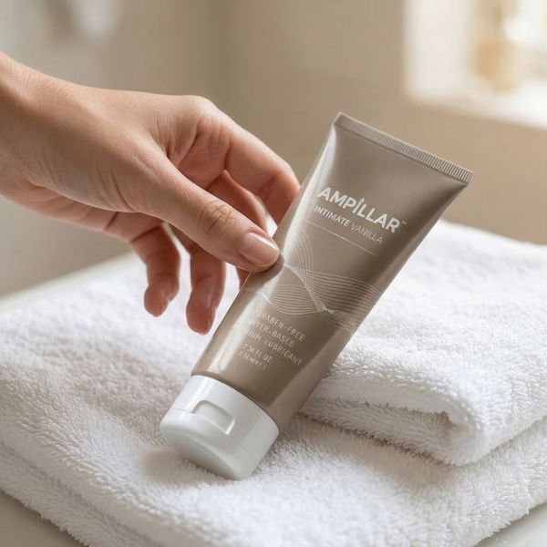 Realistic photo of a clear lubricant bottle on a white towel, illustrating safety and wellness hygiene.