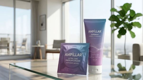 Ampillar condom packaging and lubricant bottle on a modern glass table in a bright room.