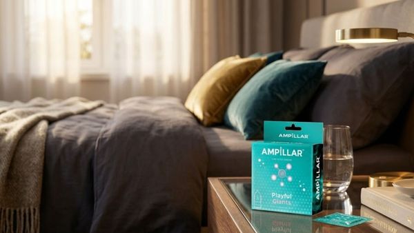 A sophisticated and clean lifestyle shot of a modern nightstand with a minimalist product box in a warm bedroom.