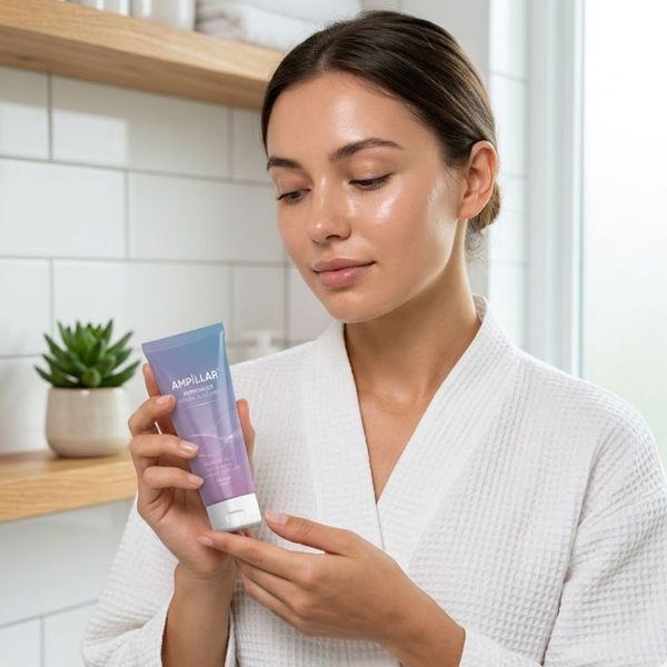 A woman in a white robe examining a body-safe lubricant bottle in a clean, spa-like bathroom.