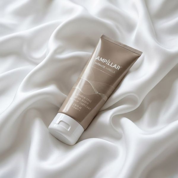 A lubricant bottle on top of white, silky sheets.