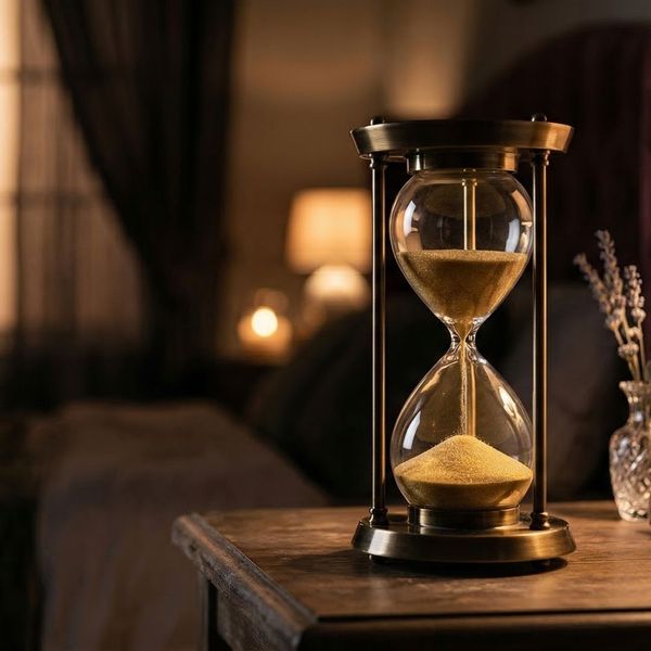 An hourglass on a nightstand with golden sand representing extended time and duration.