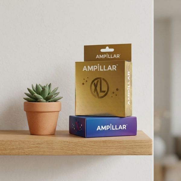 A collection of various Ampillar condom boxes arranged on a minimalist wooden shelf.