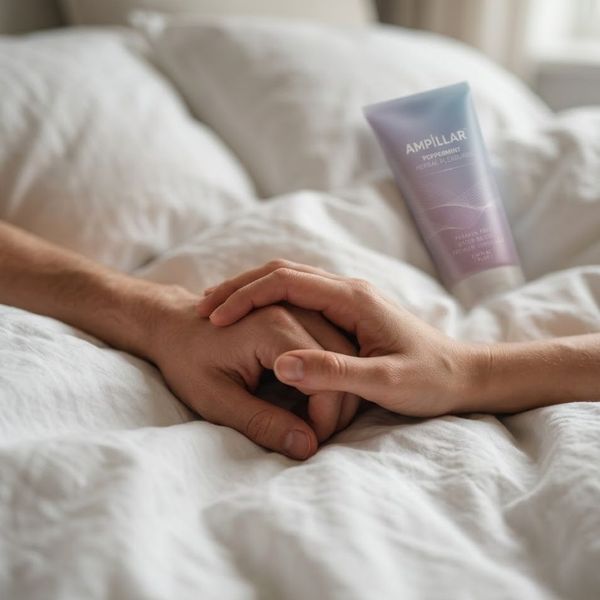Close-up of a couple's hands holding on white sheets representing comfort and intimacy.