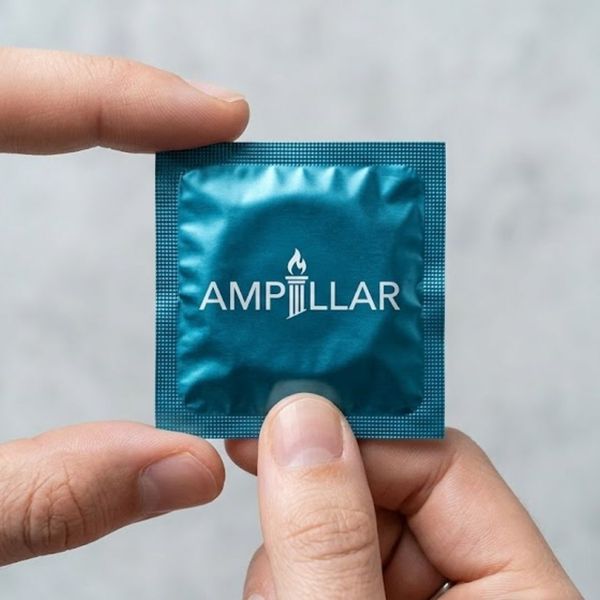 A close-up photograph in a clean, professional studio environment, showcasing the specific texture and quality of a single, premium Ampillar condom foil, which is held gently between a person's thumb and index finger. The background is a gently blurred, li