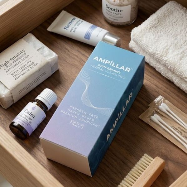 A box of personal lubricant in a bathroom drawer with other wellness products.