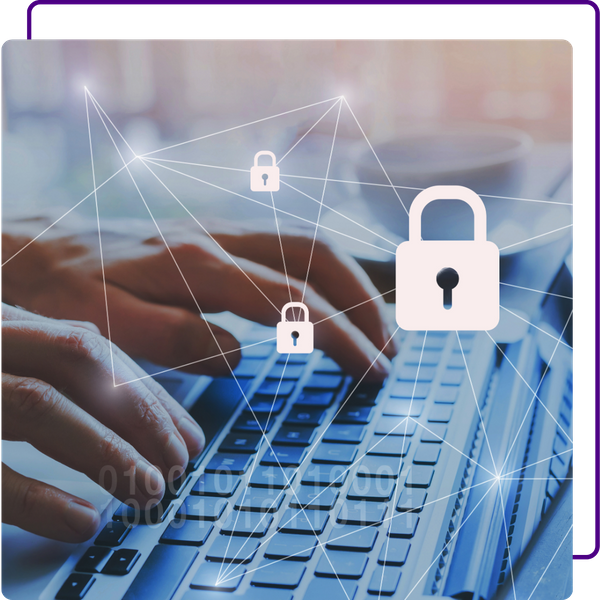 graphic overlay of network/locks concept over hands typing on keyboard