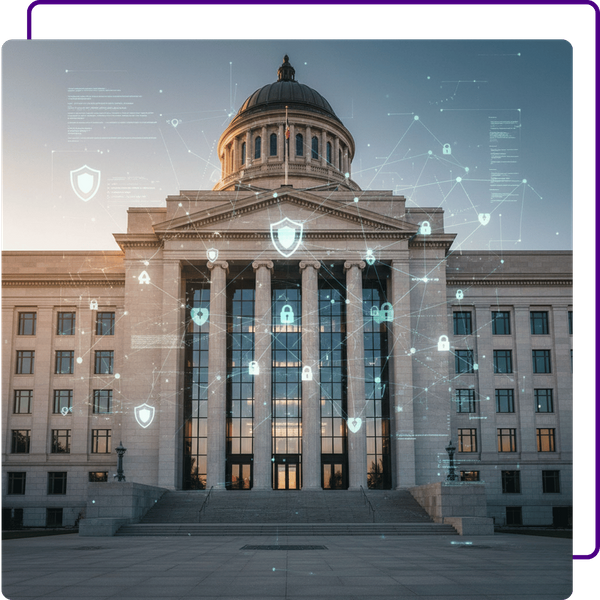A professional photo of a government building with a digital, transparent overlay of a secure data network, representing technology and security in the public sector.