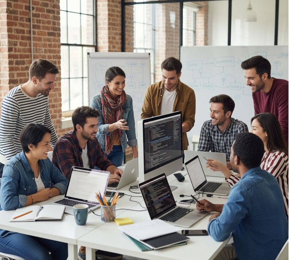 A photo of a team of software developers collaborating in a modern office, with code on screens and an atmosphere of teamwork and innovation.