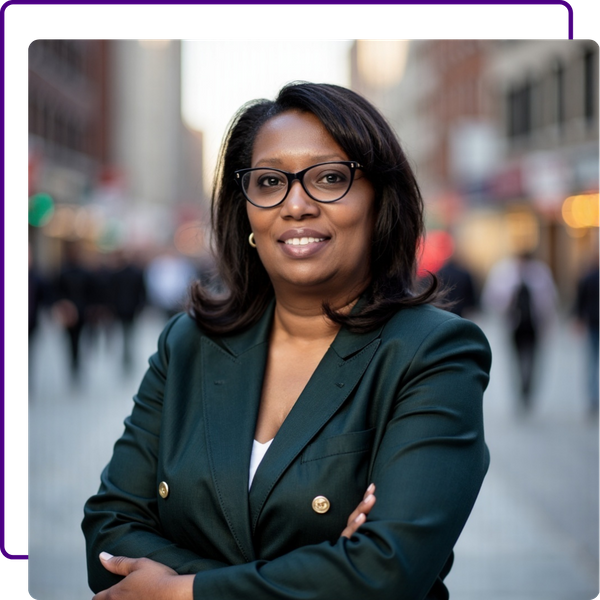 Headshot of CEO Samanitha in busy urban area