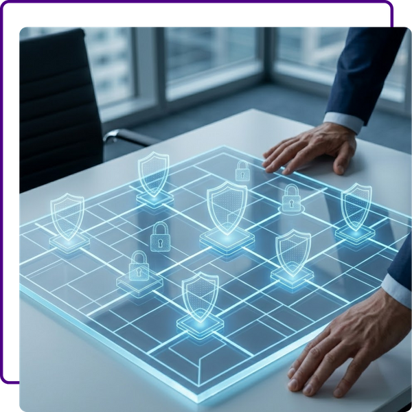 Glowing structured blue digital network grid where key nodes are fortified by shield icons