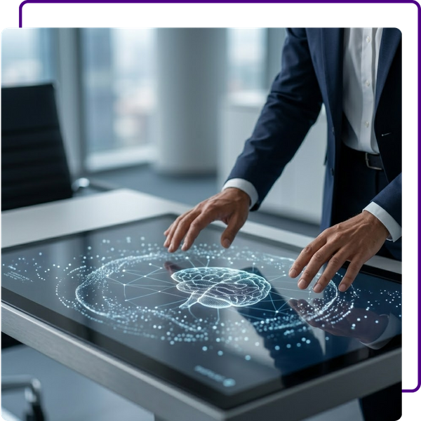 Professional stock image showing hands interacting with a glowing abstract neural network on a dark glass surface