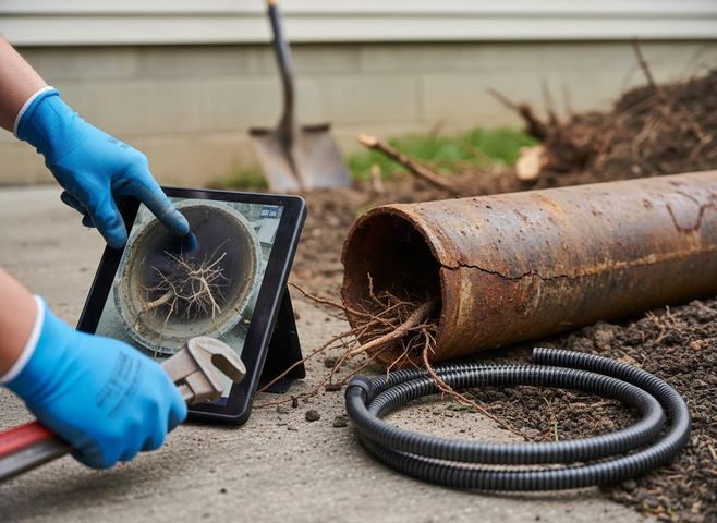 Plumber inspecting root intrusion in a damaged pipe with a tablet