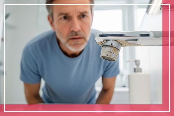 Man looking at calcium buildup on the head of a faucet