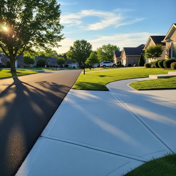 An undamaged concrete driveway and walkway representing the preservation of hardscaping during repairs.