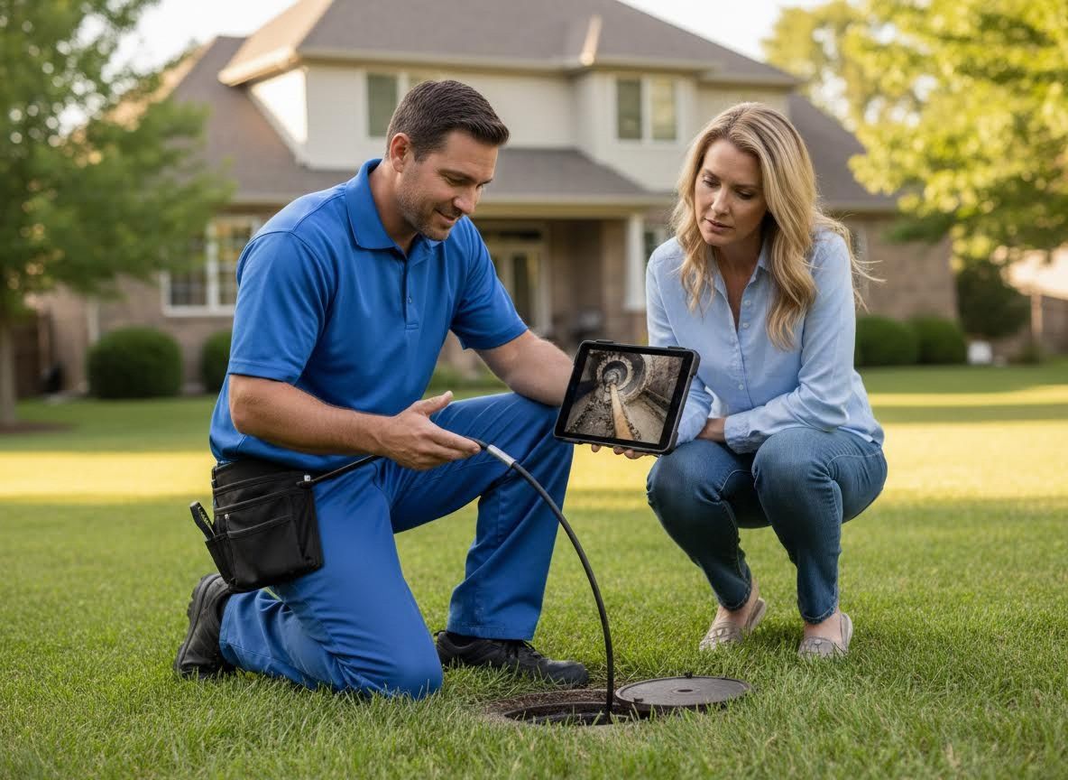Plumber shows homeowner a pipe inspection video on a tablet.